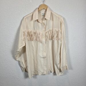 Bogari Vintage Silk Western Chic Fringe Button Down Cowgirl Long Sleeve M